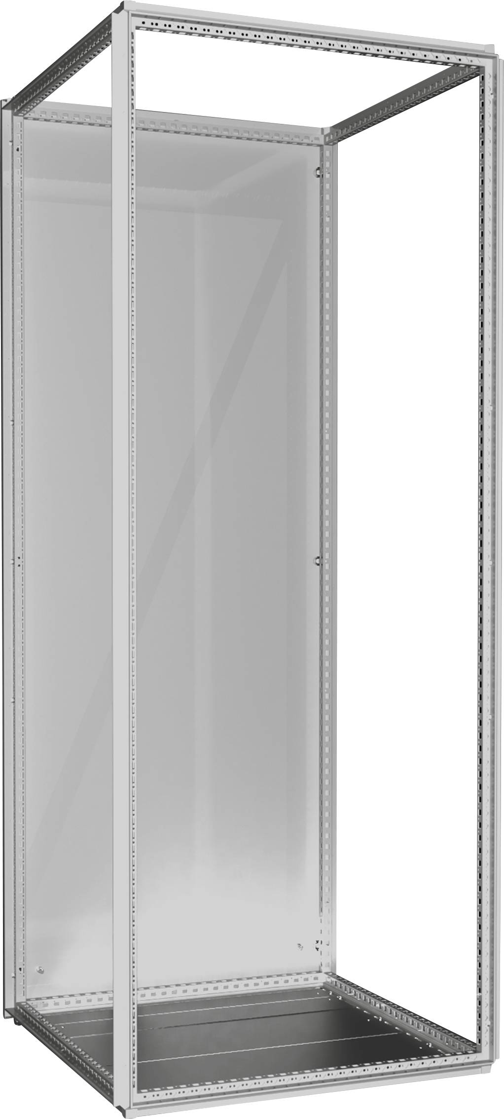 Ein hoher, rechteckiger Metallrahmen, möglicherweise ein offenes Servergestell oder Schrank, der sein leeres Inneres mit sichtbaren Seitenstützen zeigt.