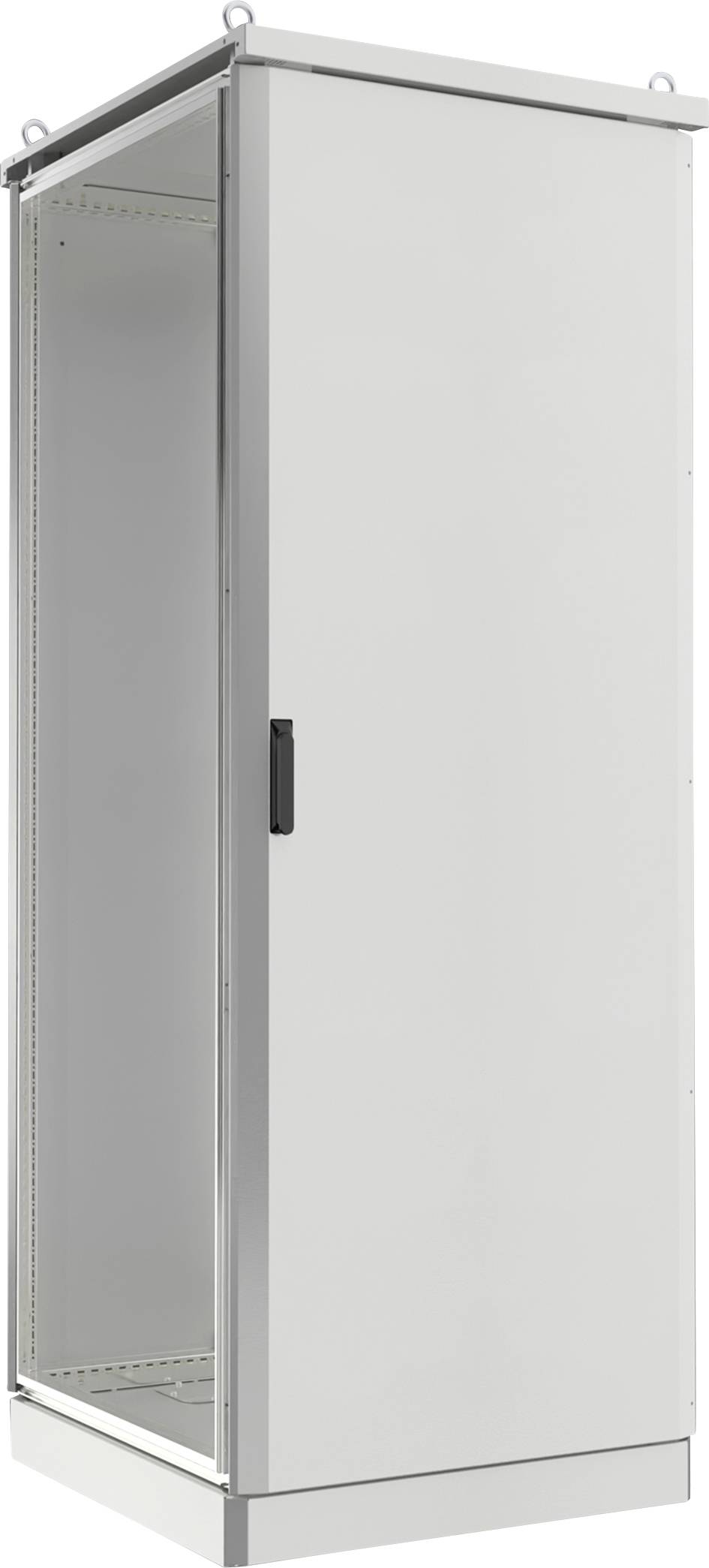 Elektrisches Metallschaltschrank, hoch und rechteckig, mit einer geschlossenen Fronttür und einem Griff auf der rechten Seite.