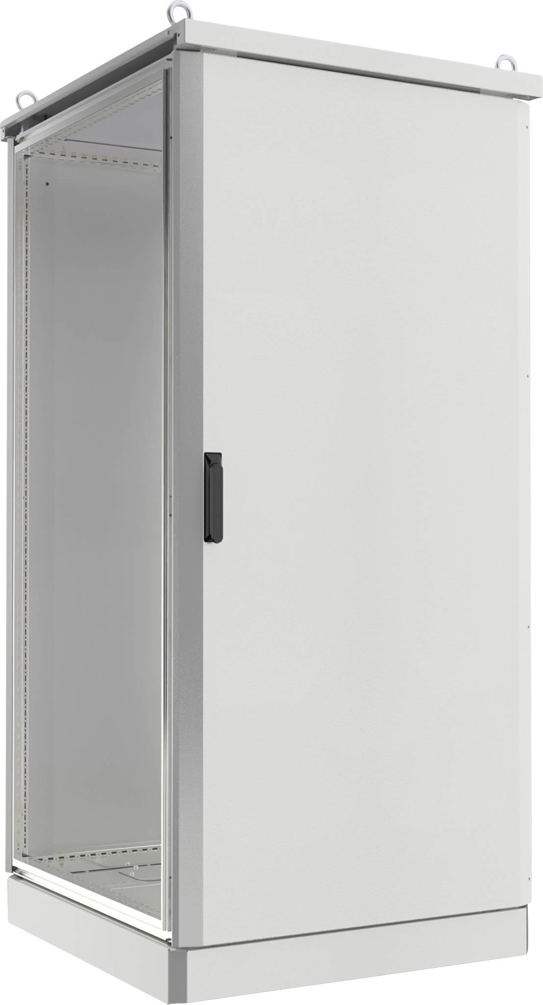 Ein hoher, grauer ServerSchrank aus Metall mit einem Griff an der Vordertür, der mit leicht geöffneter Tür gezeigt wird, wobei das Innere leer ist.