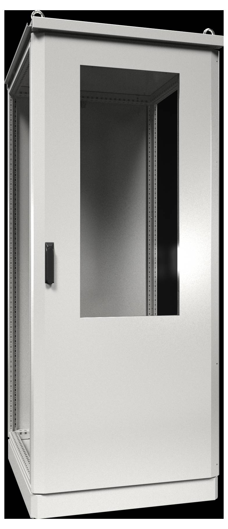 Ein leerer weißer Serverrack mit einer transparenten Fronttür steht vor einem schwarzen Hintergrund und ist für die Unterbringung von Netzwerkausrüstung konzipiert.