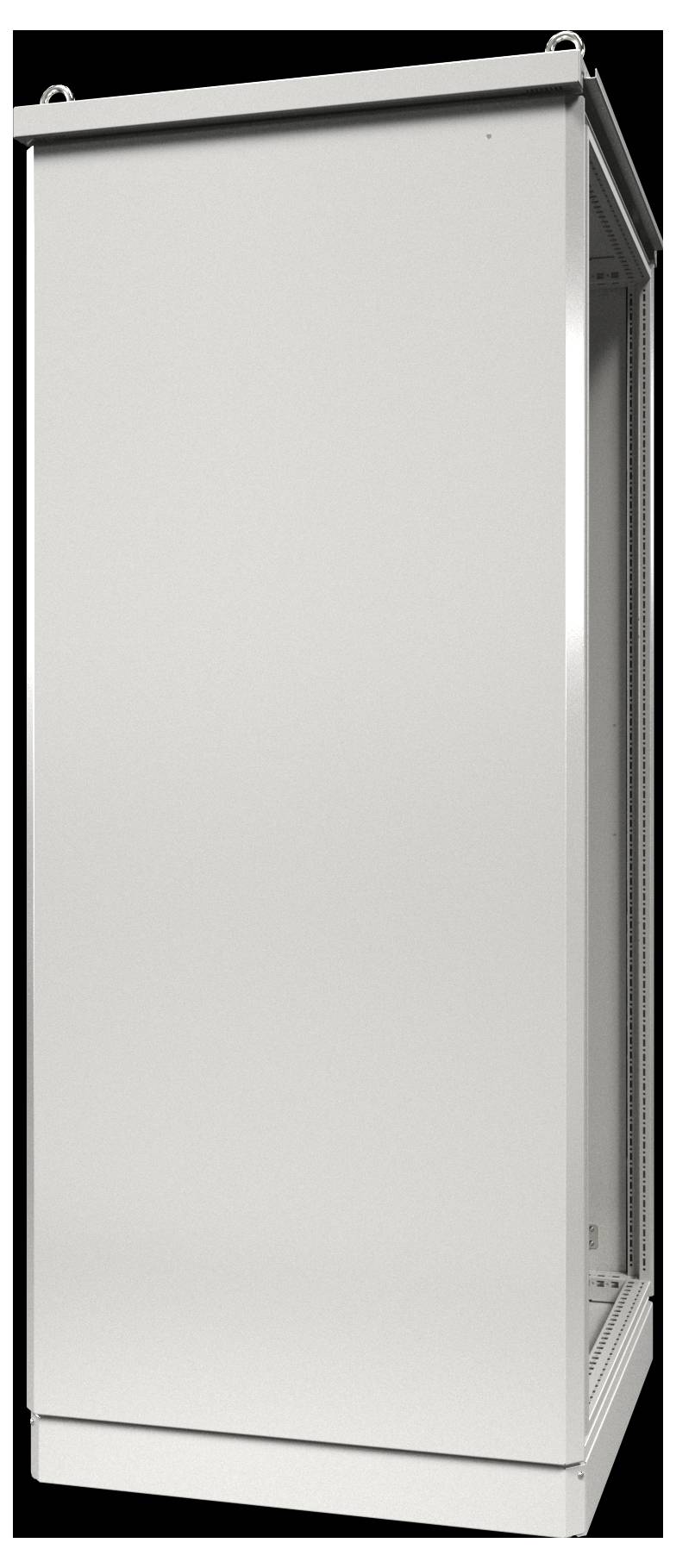 Ein hoher, geschlossener, grauer Metallschrank mit schlichtem Design. Er wirkt robust und wird möglicherweise zur Lagerung oder zur Unterbringung elektronischer Geräte verwendet.