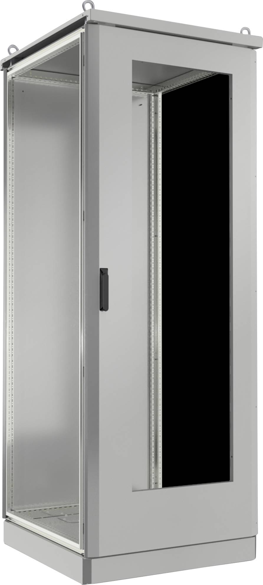 Metall-Serverrack-Schrank mit Glastür-Frontpanel, ausgestattet mit einem abschließbaren Griff und vier Befestigungsbolzen an den oberen Ecken.