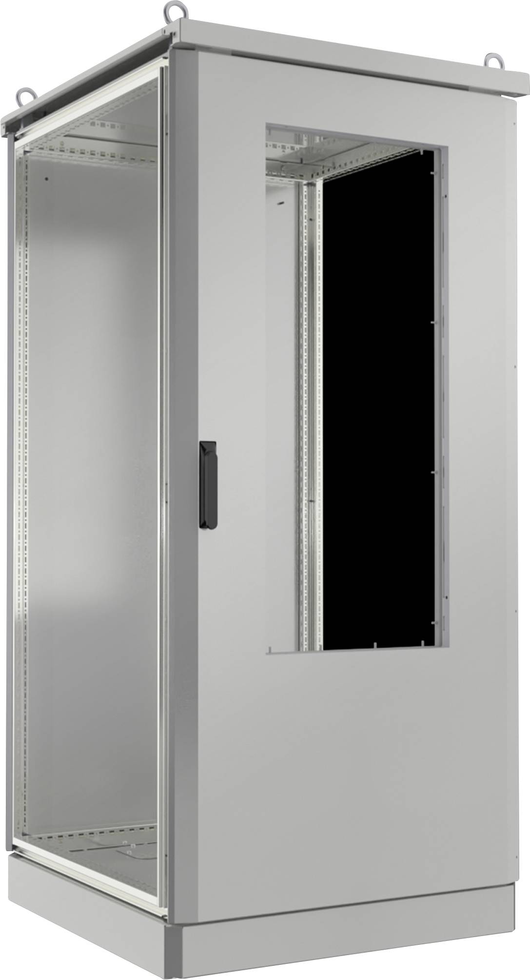 Ein hoher, grauer Metallschrank mit einer Glastür, der für die Unterbringung von elektronischer oder Netzwerkausrüstung konzipiert ist, der in einem neutralen Umfeld steht.