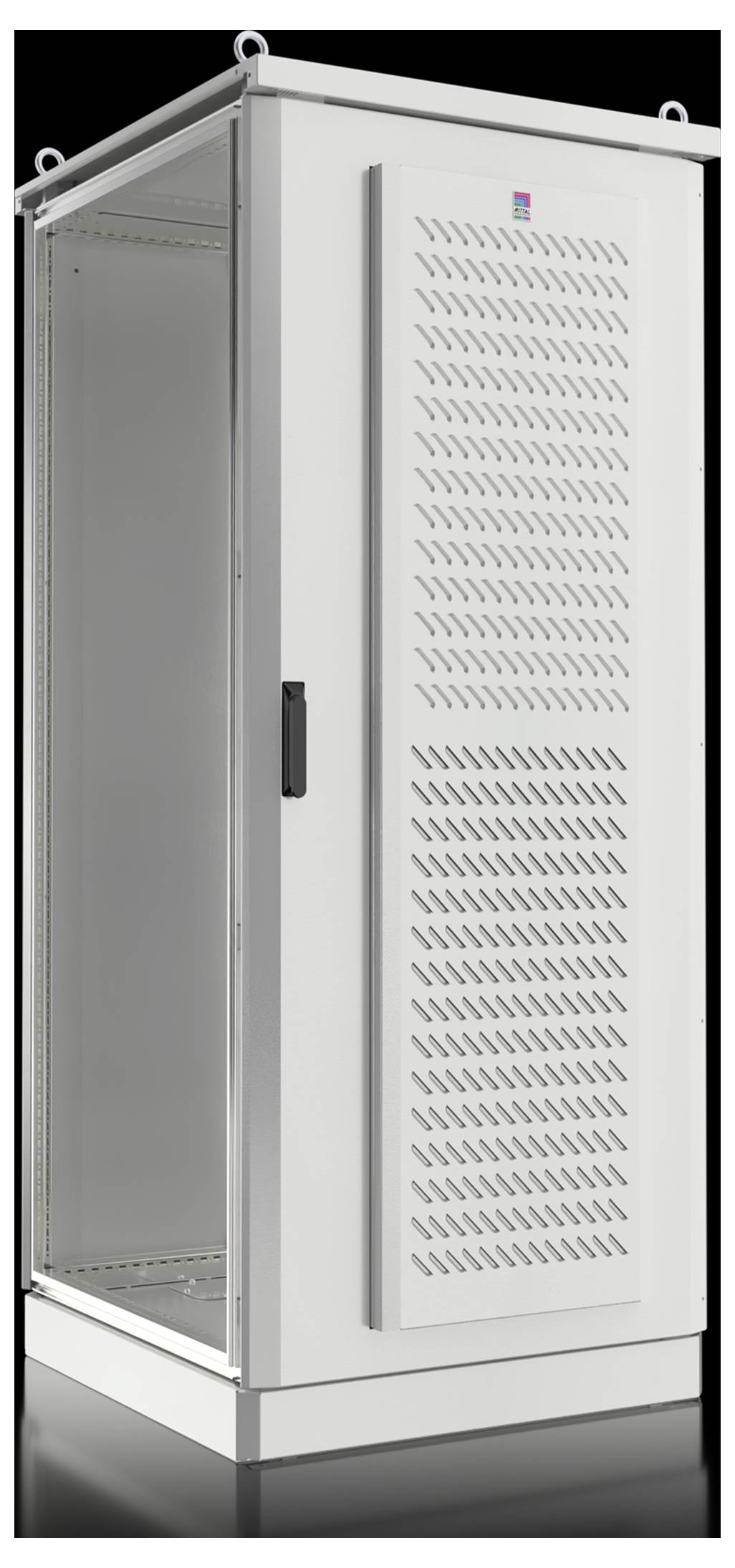 Ein weißes Metallserver-Rack mit einer gelochten Tür steht aufrecht. Das Rack ist leer und zeigt seinen Rahmen und die Innenregale.