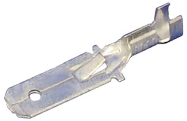 Ein metallischer, flacher Steckverbinder mit einem Loch und zwei verlängerten Enden, der für elektrische Verkabelung oder Schaltungsverbindungen verwendet wird.
