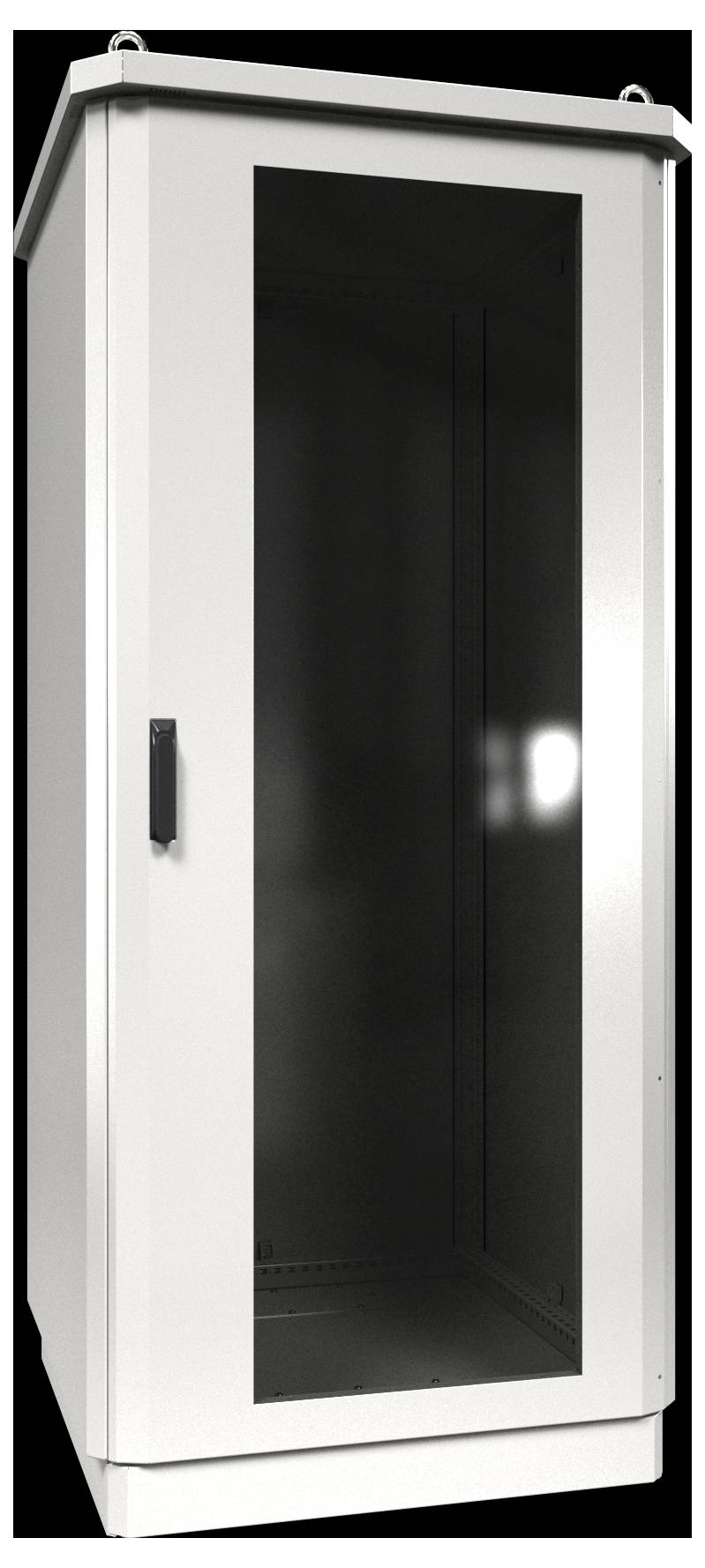 Ein geschlossener, weißer Metallserver-Schrank mit einer Glastür, von einem leichten Winkel aus betrachtet, der einen für elektronische Ausrüstung geeigneten Innenraum präsentiert.