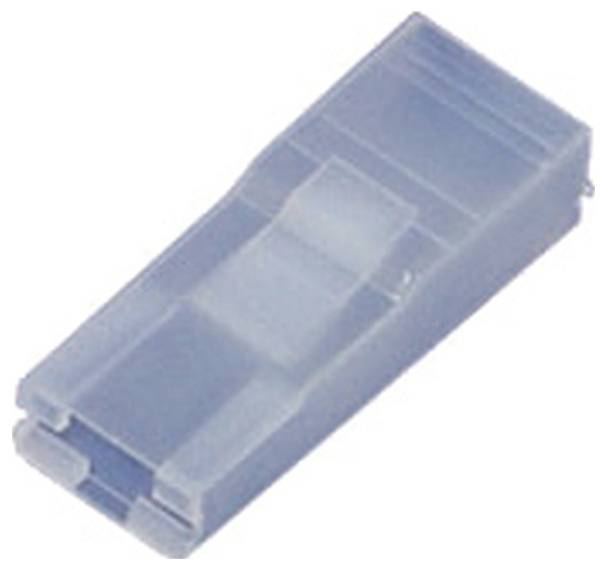 Eine kleine, transparente blaue Kunststoffsicherung für elektronische Geräte, mit rechteckiger Form und Metallkontakten an den Enden.