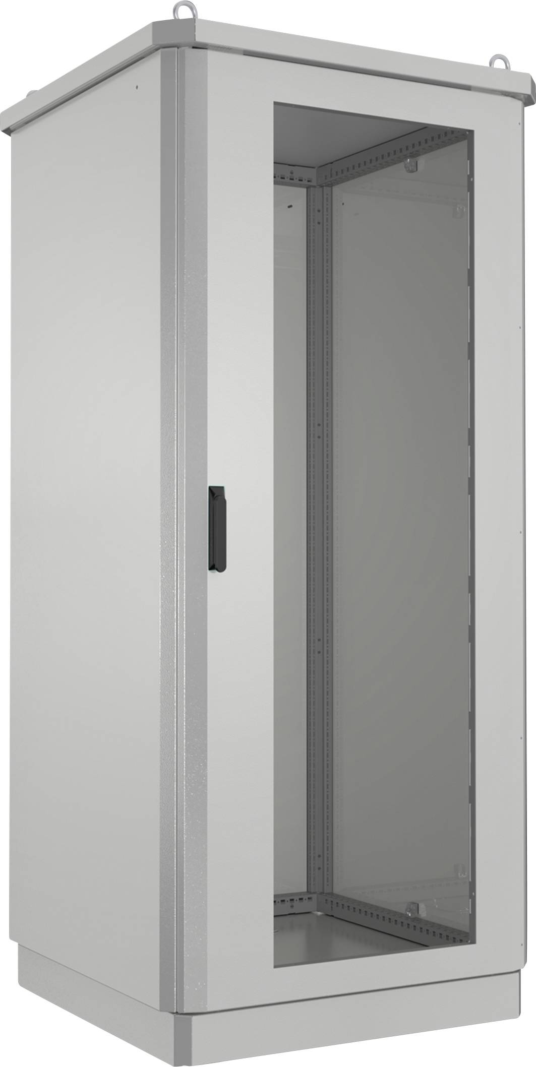 Ein hoher, grauer Metallschrank mit Glastür, der üblicherweise zum Unterbringen von Netzwerkausrüstung oder Servern in einem Rechenzentrum verwendet wird.
