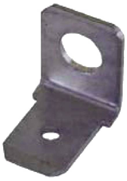 Eine kleine Metallwinkelhalterung mit zwei Löchern, eines an jeder Seite, die zum Befestigen oder Abstützen von Strukturen verwendet wird.