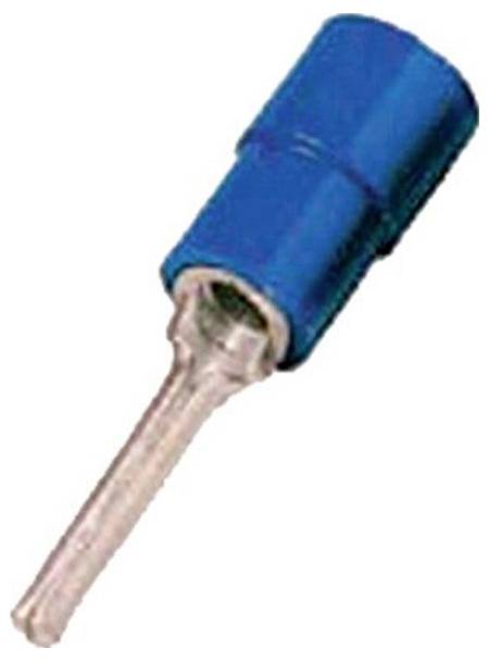 Ein blauer isolierter elektrischer Verbinder mit einem Metallkontakt, der zum Crimpen auf einen Draht ausgelegt ist.