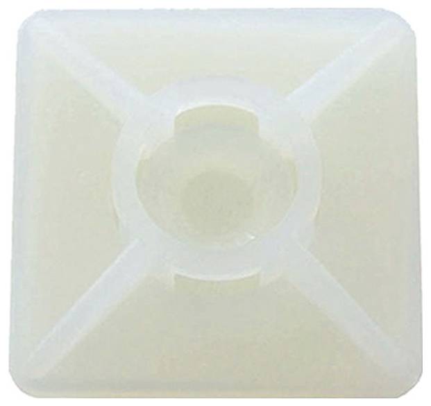 Ein quadratischer, undurchsichtiger Kunststoff-Befestigungshalter mit Klebefläche zum Befestigen von Kabelbindern, der ein abgerundetes zentrales Loch und Aussparungen an den Ecken aufweist.
