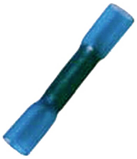 Ein blauer isolierter Stoßverbinder, der zum Verbinden von elektrischen Drähten verwendet wird, vor einem weißen Hintergrund.