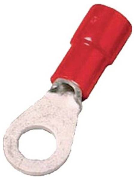 Ein roter isolierter Ringkabelschuh zum Befestigen von elektrischen Leitungen an Stehbolzen oder Anschlussblöcken.