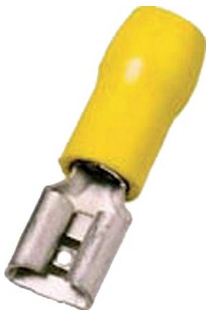 Ein gelber isolierter Flachsteckhülsenstecker, der für elektrische Verdrahtung verwendet wird und seinen Metallanschluss sowie seine Kunststoffabdeckung zeigt.