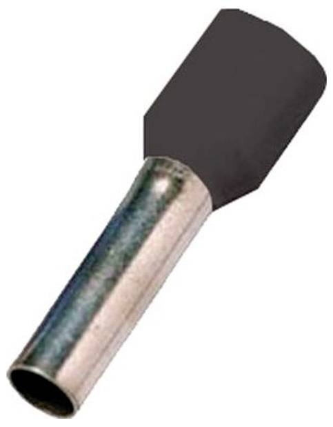 Eine Crimpklemme mit einem silbernen Metallrohr und einem schwarzen isolierten Kragen, die verwendet wird, um Litzenkabel für sichere elektrische Verbindungen zu konfektionieren.