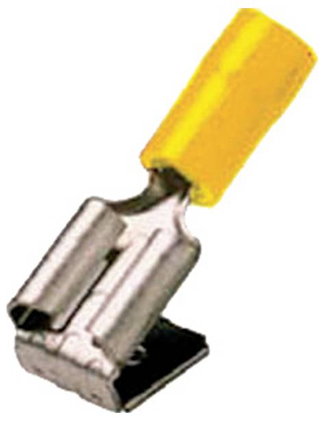 Ein Metall-Elektroverbinder mit einer gelben isolierten Lasche an einem Ende, der verwendet wird, um elektrische Leitungen sicher zu verbinden.