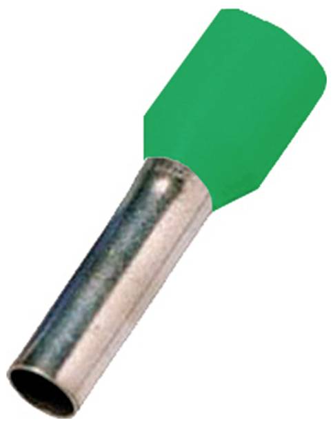 Eine grüne isolierte Ferrule mit einer Metallhülse, die zur Leitungsendverschraubung verwendet wird, um eine sichere und zuverlässige elektrische Verbindung zu gewährleisten.