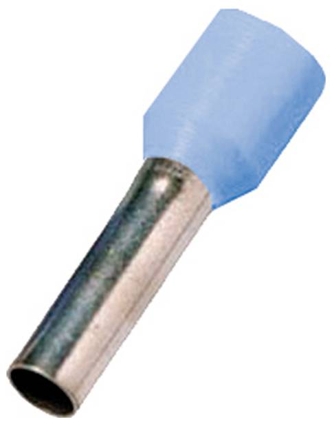 Ein blauer isolierter Kabelschuh mit Metallröhrchen, verwendet zum Sichern von elektrischen Leitungen.