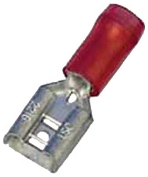 Roter isolierter Drahtverbinder mit einem Kabelschuh-Anschluss.