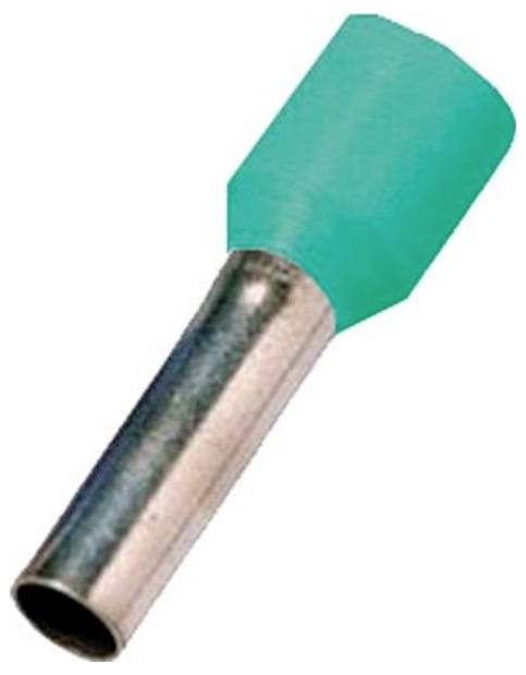 Eine grüne isolierte Aderendhülse, die zum sicheren Verbinden von elektrischen Leitungen verwendet wird, mit der metallenen Hülse und der farbigen Kunststoffabdeckung.