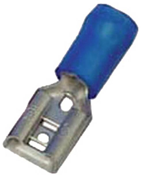 Ein blauer isolierter weiblicher Flachstecker, der für elektrische Verdrahtung verwendet wird und den Metallstecker sowie die Kunststoffisolierung zeigt.