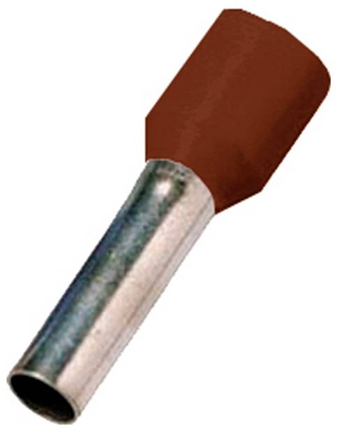 Eine Metalltülle mit einer roten Kunststoff-Isolierkappe, die zum Crimpen von Drahtenden in elektrischen Anwendungen verwendet wird.