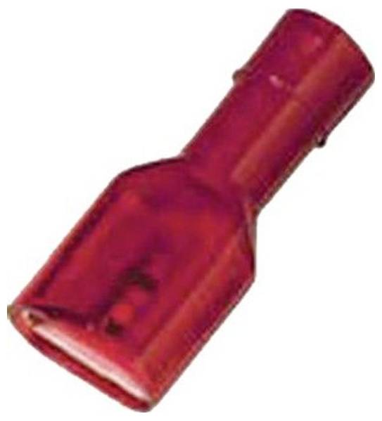 Roter isolierter weiblicher Flachstecker, Schrägansicht, verwendet für sichere elektrische Verbindungen.