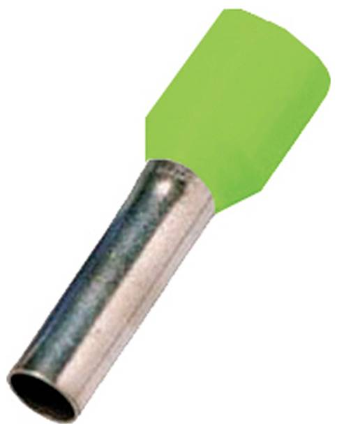 Eine grüne isolierte Aderendhülse mit einer Metalltspitze, die zum Sichern von Drahtenden verwendet wird.