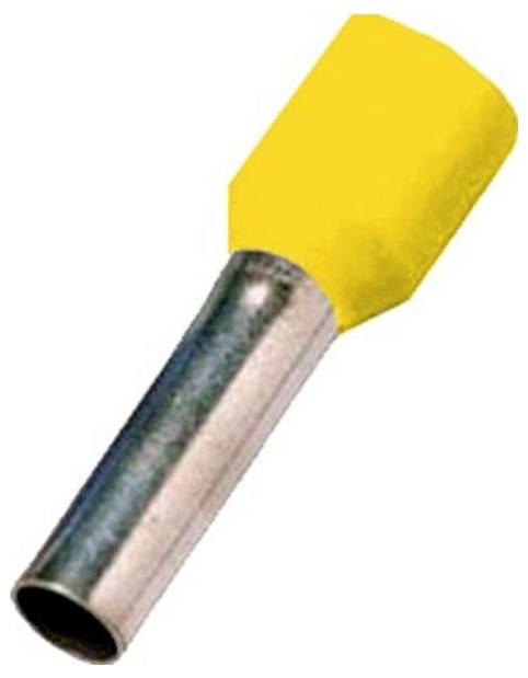 Eine gelbe isolierte Aderendhülse mit einem zylindrischen Metallrohr zur elektrischen Kabelverbindung.