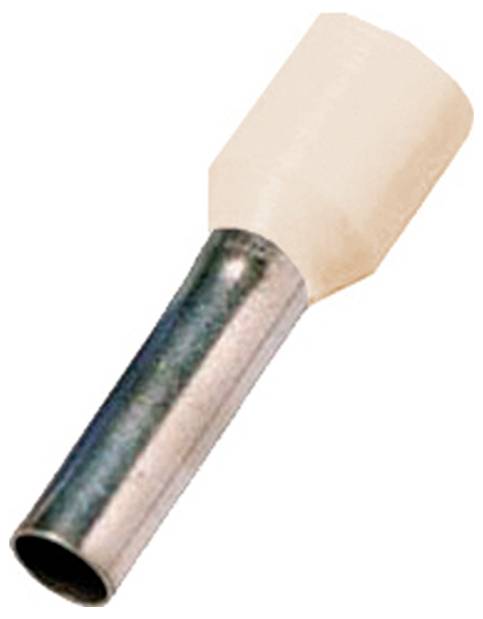 Ein metallischer Crimpverbinder mit einem Kupfergehäuse und einem isolierten weißen Ende, der verwendet wird, um elektrische Leitungen sicher miteinander zu verbinden.