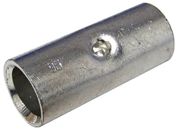 Eine metallische Kupplung zum Verbinden von Rohren, die eine glatte zylindrische Form und einen kleinen Bolzen an ihrer Seite aufweist.