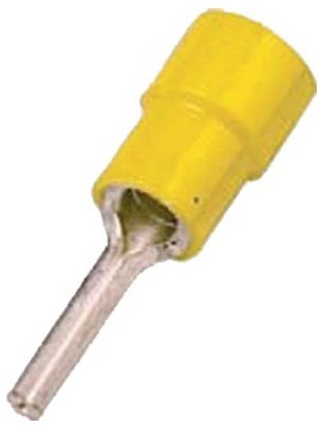 Eine gelbe isolierte Kabelstiftklemme für elektrische Verbindungen, die einen Metallstift und ein zylindrisches Kunststoffgehäuse zeigt.