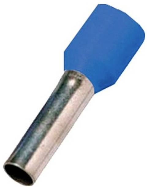 Eine blaue isolierte Aderendhülse mit Metallmantel, die zum Crimpen von elektrischen Leitern verwendet wird, um eine sichere Verbindung zu gewährleisten und Fransen zu verhindern.