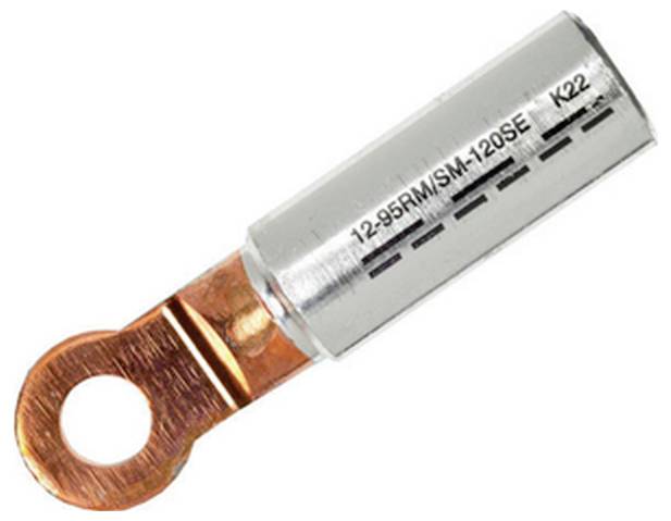 Kupferklemme mit kreisförmiger Bohrung und zylindrischem Anschluss, gekennzeichnet mit '12-95RM/SM-120SE K22'. Verwendet für elektrische Verbindungen.