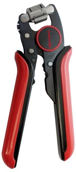 Abisolierzange mit roten Griffen, verwendet zum Entfernen der Isolierung von elektrischen Leitungen, mit einstellbaren Abisoliergrößeneinstellungen.