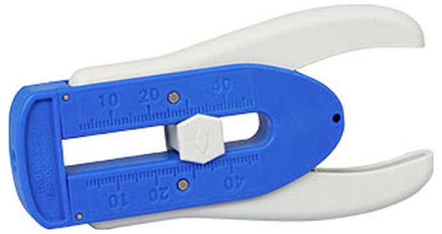 Blauer und weißer Sicherheitskompass mit einem Zifferblatt zur Messung, gekennzeichnet mit Zahlen von 0 bis 40.