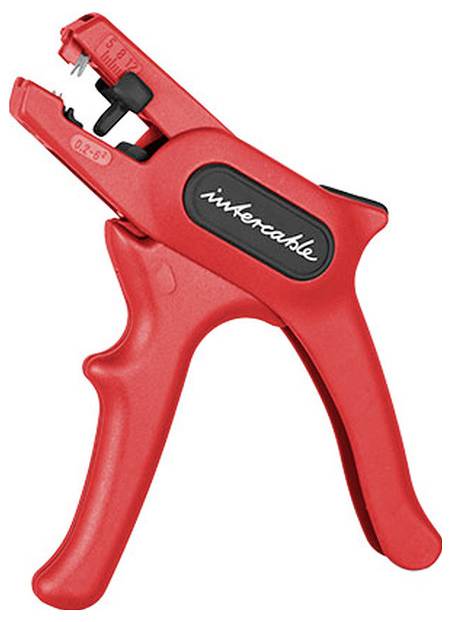 Roter Kabelabisolierer mit Griffgriff und Etikett mit der Aufschrift 