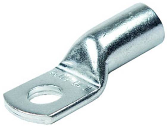 Ein silberner Metallkabelschuh mit einem flachen Ende, das ein kreisrundes Loch zur Befestigung enthält, und einem röhrenförmigen Ende für die Kabeleinführung.