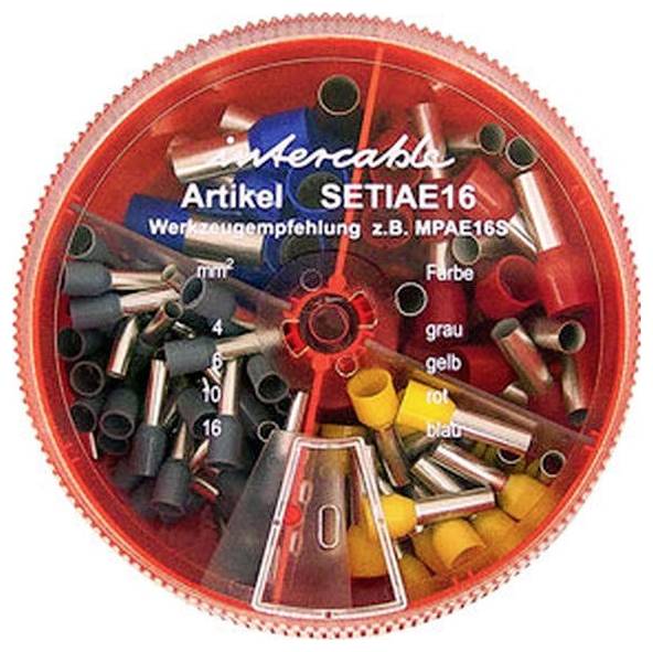 Intercable Artikel SETIAE16 Karton mit sortenreinem Satz isolierter Aderendhülsen in verschiedenen Farben, darunter grau, gelb, rot und blau.
