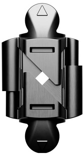 Eine symmetrische schwarze Metalllenkung mit einer rautenförmigen Aussparung in der Mitte, die kantige Designelemente aufweist.