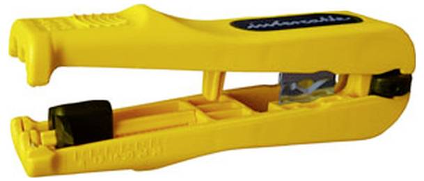 Ein gelber Heftgerät ohne Klammern mit einem schwarzen Griffbereich, der entwickelt wurde, um Papierecken zusammenzufalten und zu verbinden, ohne Metallheftklammern zu verwenden.