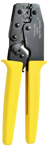 Eine Crimpzange mit schwarzen Metallbacken und leuchtend gelben Griffen, die zum Verbinden von Drähten oder Kabeln mit Anschlüssen verwendet wird.