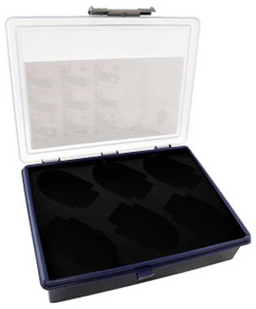 Eine Kunststoff-Aufbewahrungsbox mit einem offenen transparenten Deckel, der sechs Fächer im Inneren zeigt.