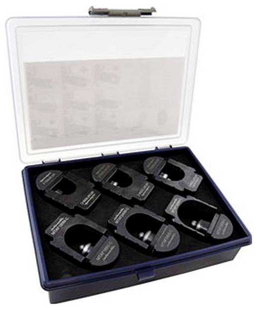 Eine Kunststoffbox, die acht schwarze Drehmomentregulierer enthält, die jeweils mit verschiedenen Spezifikationen beschriftet und in einzelnen Fächern ordentlich sortiert sind.