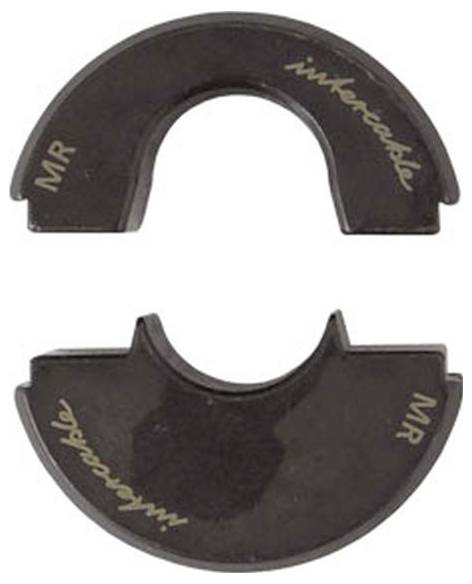 Zwei schwarze halbkreisförmige Metallsegmente, jeweils mit goldener Aufschrift 'innocenti'. Das obere Stück hat 'MR' in Weiß. Die Segmente sind nicht miteinander verbunden.