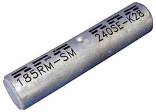 Ein Metallklemme mit der Beschriftung '185RM-SM 240SE-K28'; verwendet für elektrische Verbindungen und zur Hervorhebung ihrer Größen- und Spezifikationsmarkierungen.