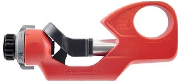 Roter Rohrabschneider mit einer zylindrischen Klinge, verstellbarem Knopf und ergonomischem Griff zum präzisen und effizienten Schneiden von Rohren.