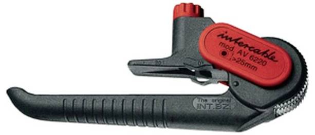 Ein tragbares Kabelabisolierungswerkzeug mit rotem Einstellrädchen, beschriftet mit 'intercable mod. AV 6220 Ø4-28mm', entwickelt zum Abmanteln von Kabelisolierungen.