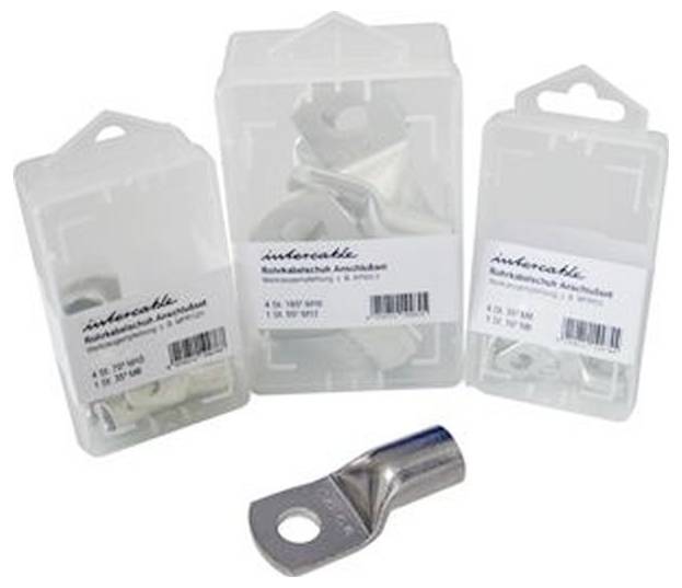 Intercable-Kabelschuhe in drei beschrifteten Plastikverpackungen und einem einzelnen Metallschuh, die für den Einsatz in elektrischen Verbindungen vorgesehen sind.