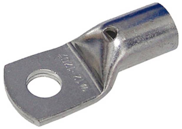 Metallkabelschuh mit einem flachen Ende, das ein kreisrundes Loch zur Befestigung an einem Terminal aufweist, und einem hohlen Rohrabschnitt zum Einfügen und Crimpen des Drahtes.